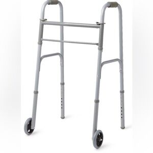 Medline Two-Button Folding Height Adjustable Push Button Legs Walker 5" Wheels
